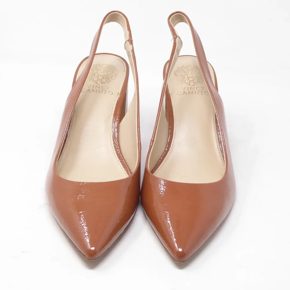 Vince Camuto Hamden Women Slingback Pumps Brown Patent Pointed Toe Block Heel 10